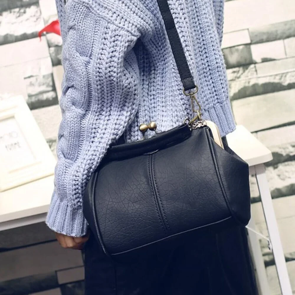 Women Vintage PU Handbag Classic Kiss Lock Mini Purse Crossbody Clutch